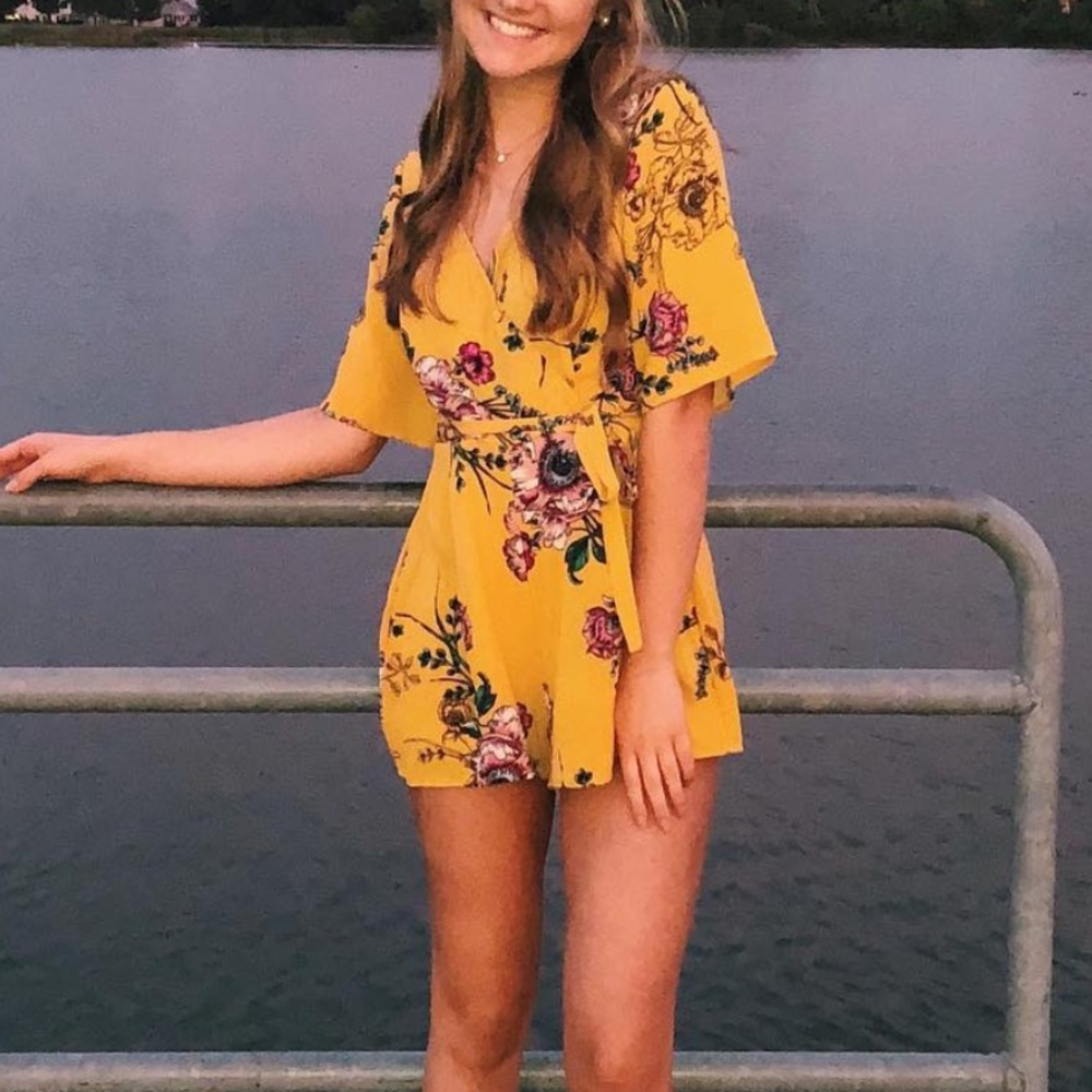 Mustard Yellow Floral Romper Dress